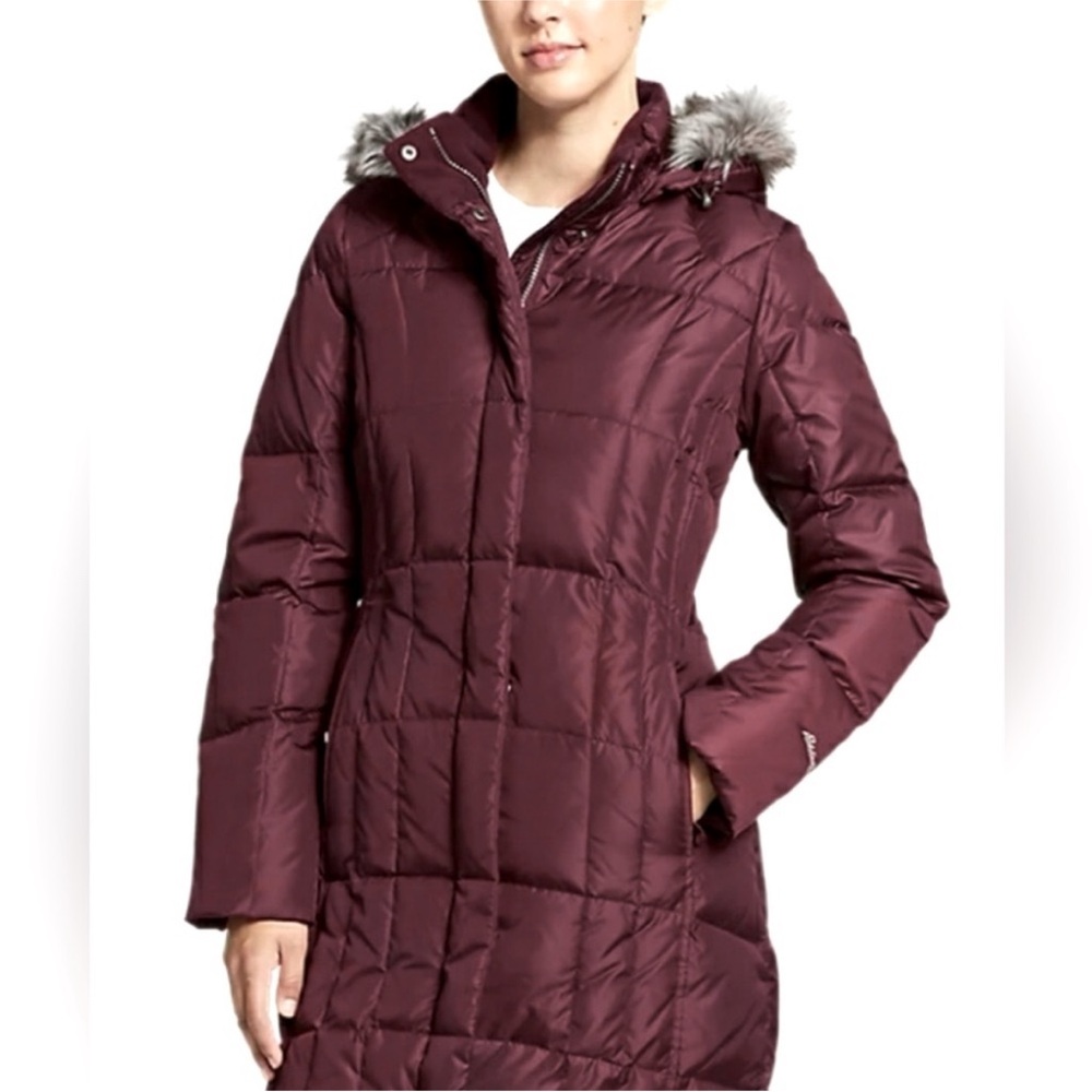 Eddie Bauer Parka Down Lodge Dark Mulberry Puffer Jacket Faux Fur Trim Small